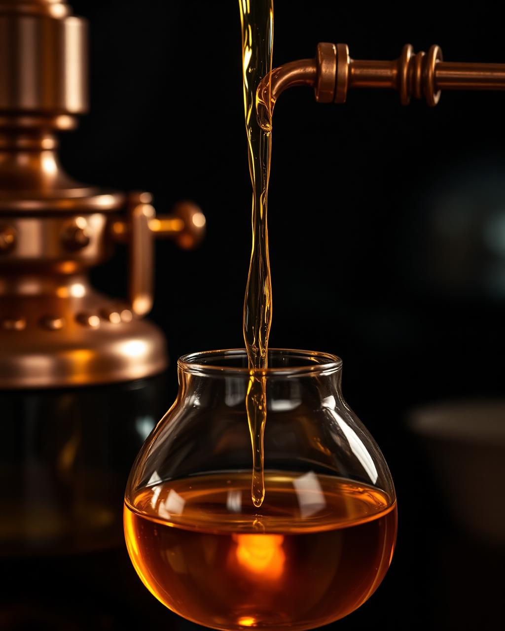 Essential oil distilling into an amber glass vessel through copper apparatus