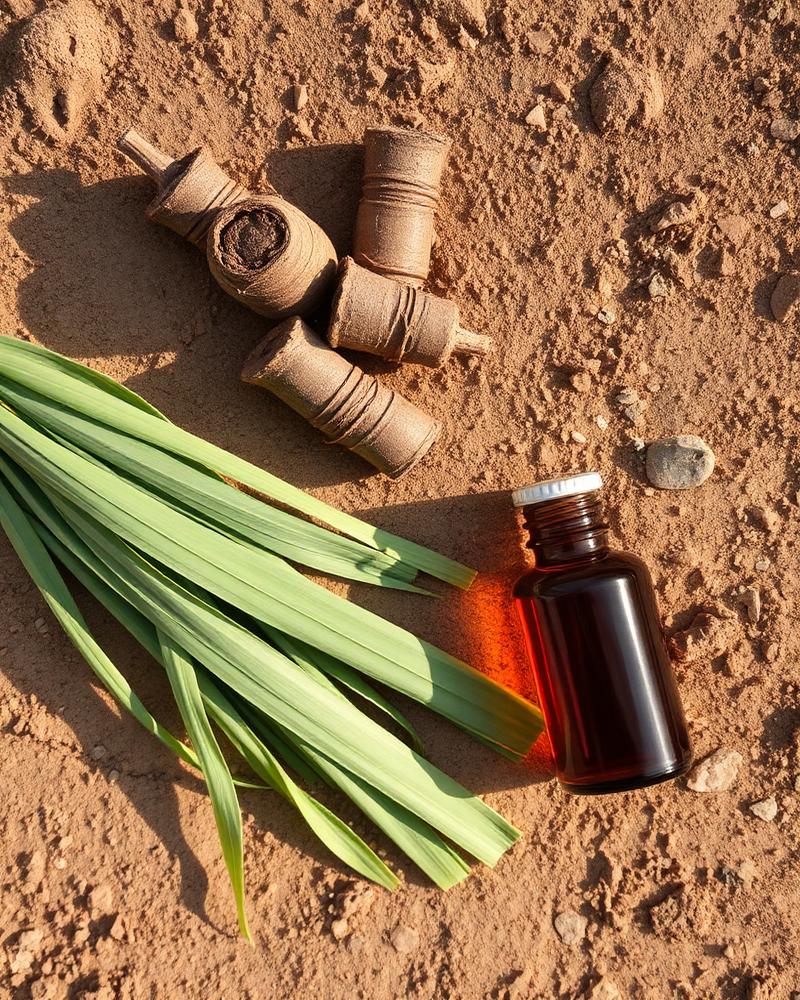 Vetiver roots beside amber bottle on earth